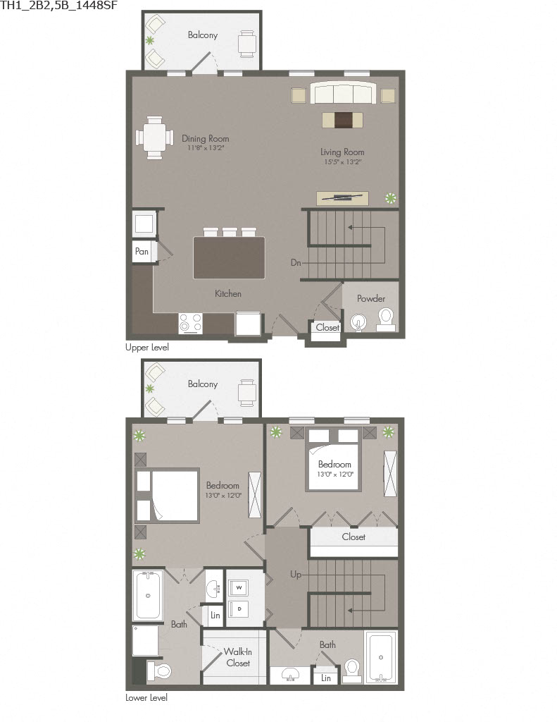 Floor plan for 2 beds, 2.5 baths, 1448 sqft